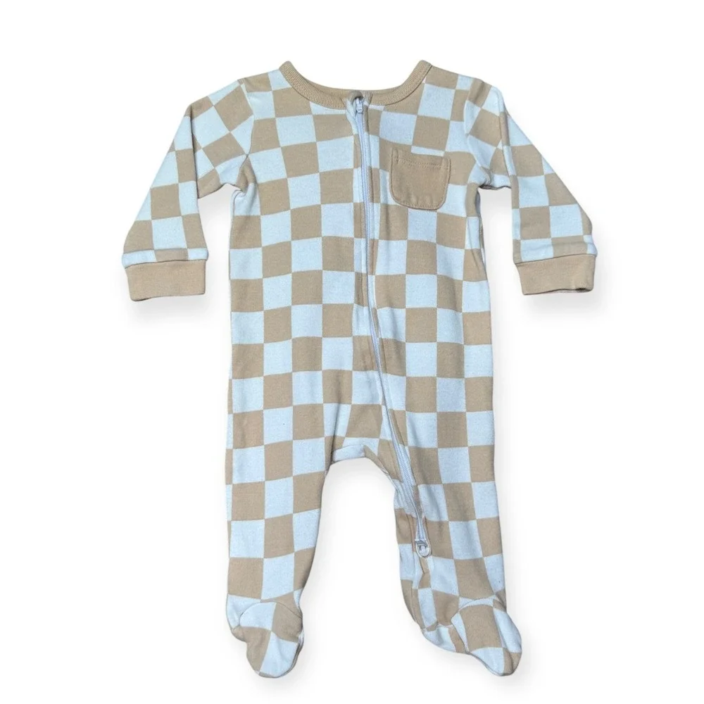 Koala Baby 3M Footed Pajamas Checkered Tan Cream Zip Front Cotton One Piece